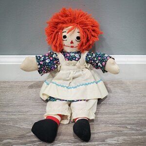 Vintage Raggedy Ann 11 inch Cloth Doll Hand Sewn Floral Dress and Apron